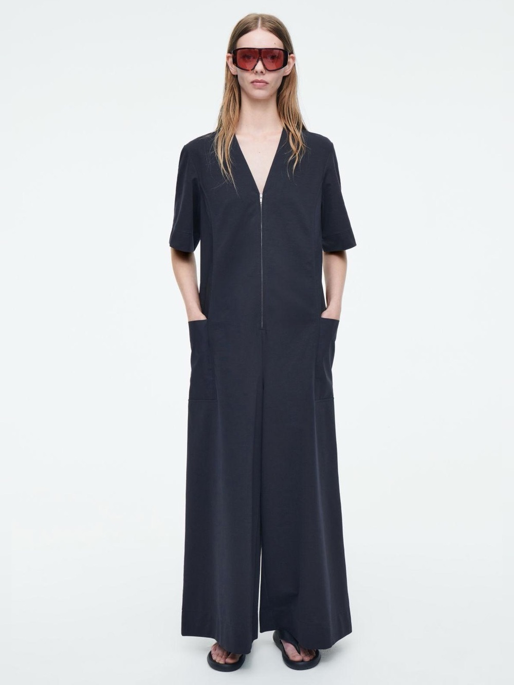 COS Panelled V-Neck Zip Front Wide Leg Jumpsuit Size M